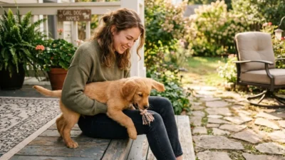 A smiling woman sitting on a wooden porch step holding a playful golden puppy playing with a rope toy in a garden.