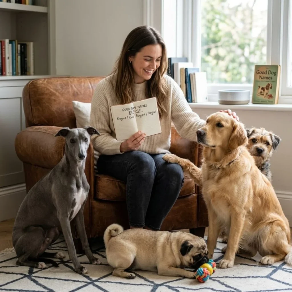 A smiling woman in an armchair holds a notebook surrounded by a greyhound, pug, golden retriever, and terrier.