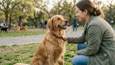 A happy Golden Retriever sitting down in a park while looking lovingly at a smiling woman crouching beside it.