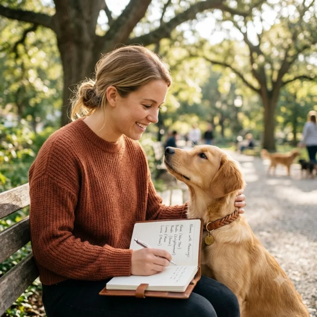 A woman on a park bench looks at her golden retriever while writing dog names with meanings in a notebook.