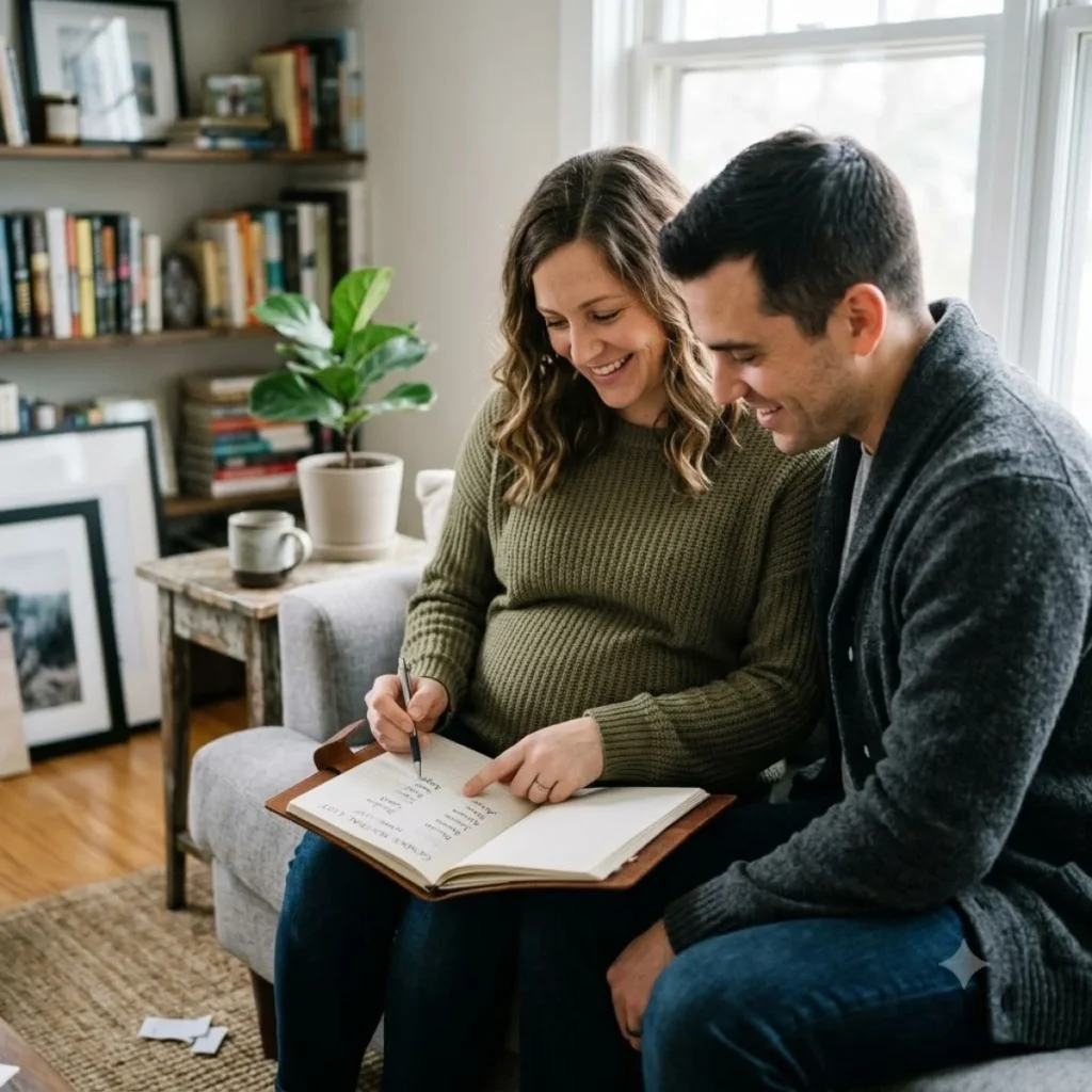 A smiling pregnant woman and a man sit on a couch together pointing at a list of names in a journal.