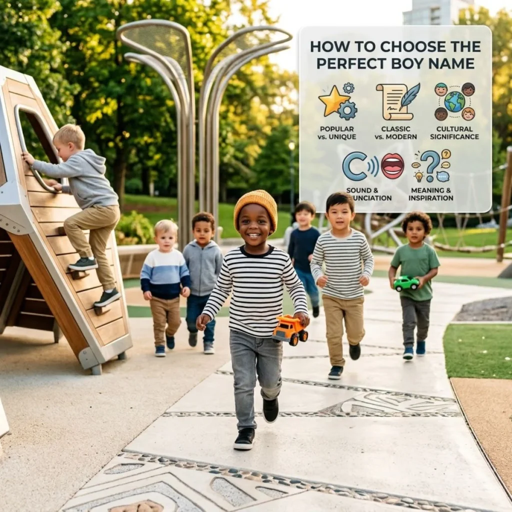 Infographic on choosing the perfect boy name over children playing happily on a modern outdoor playground.