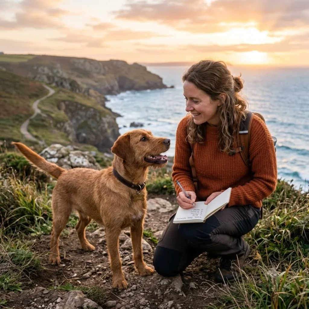 A woman kneeling on a grassy cliffside path smiles at her golden brown dog while writing in a small notebook at sunset.