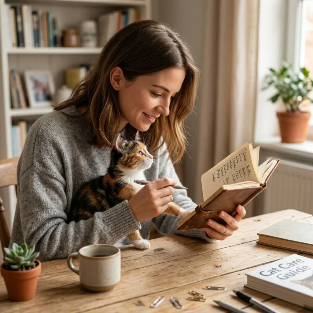 A smiling woman sits at a wooden table holding a calico kitten while writing down cat names in a leather journal
