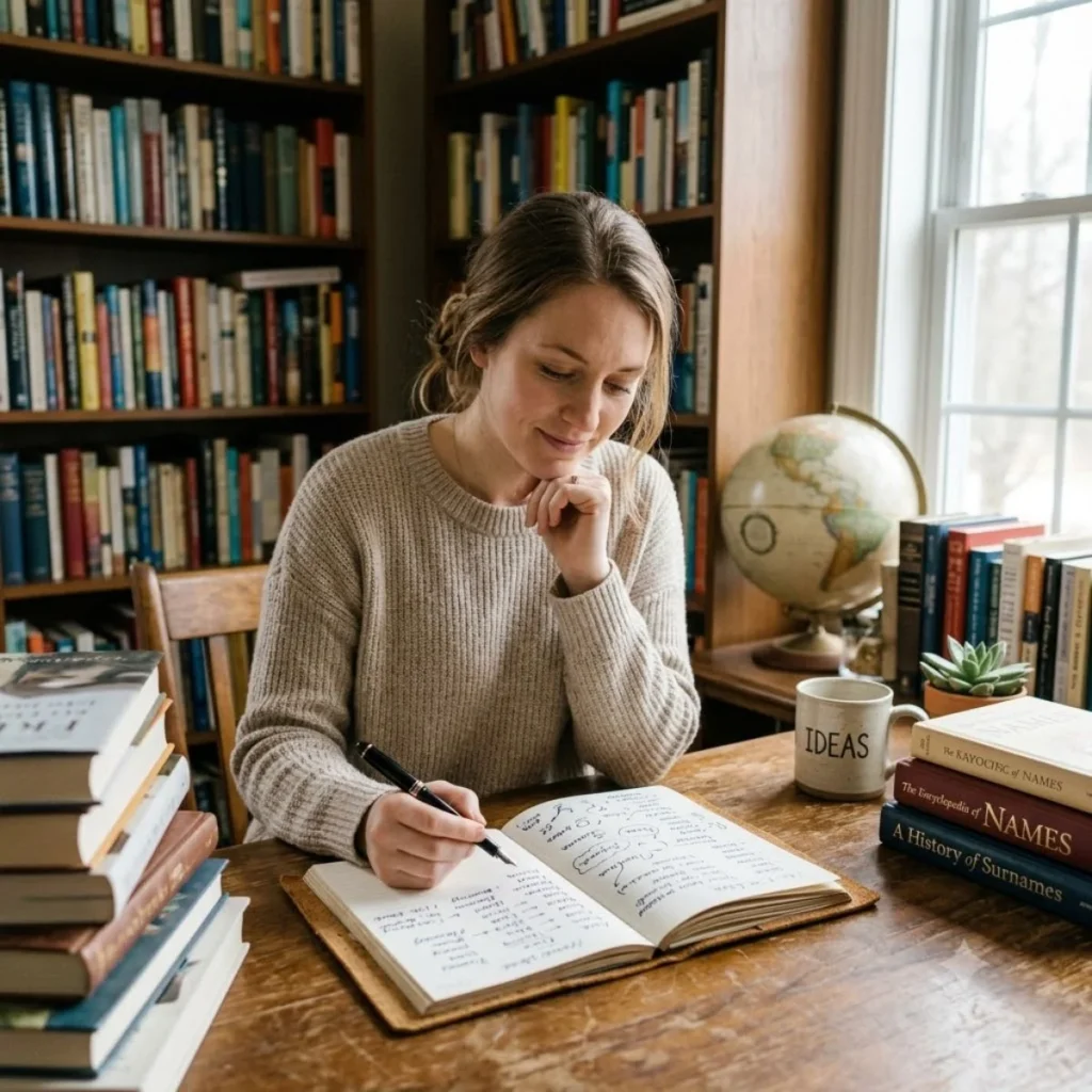 A thoughtful woman sitting at a desk with an open journal, brainstorming how to choose the perfect name.