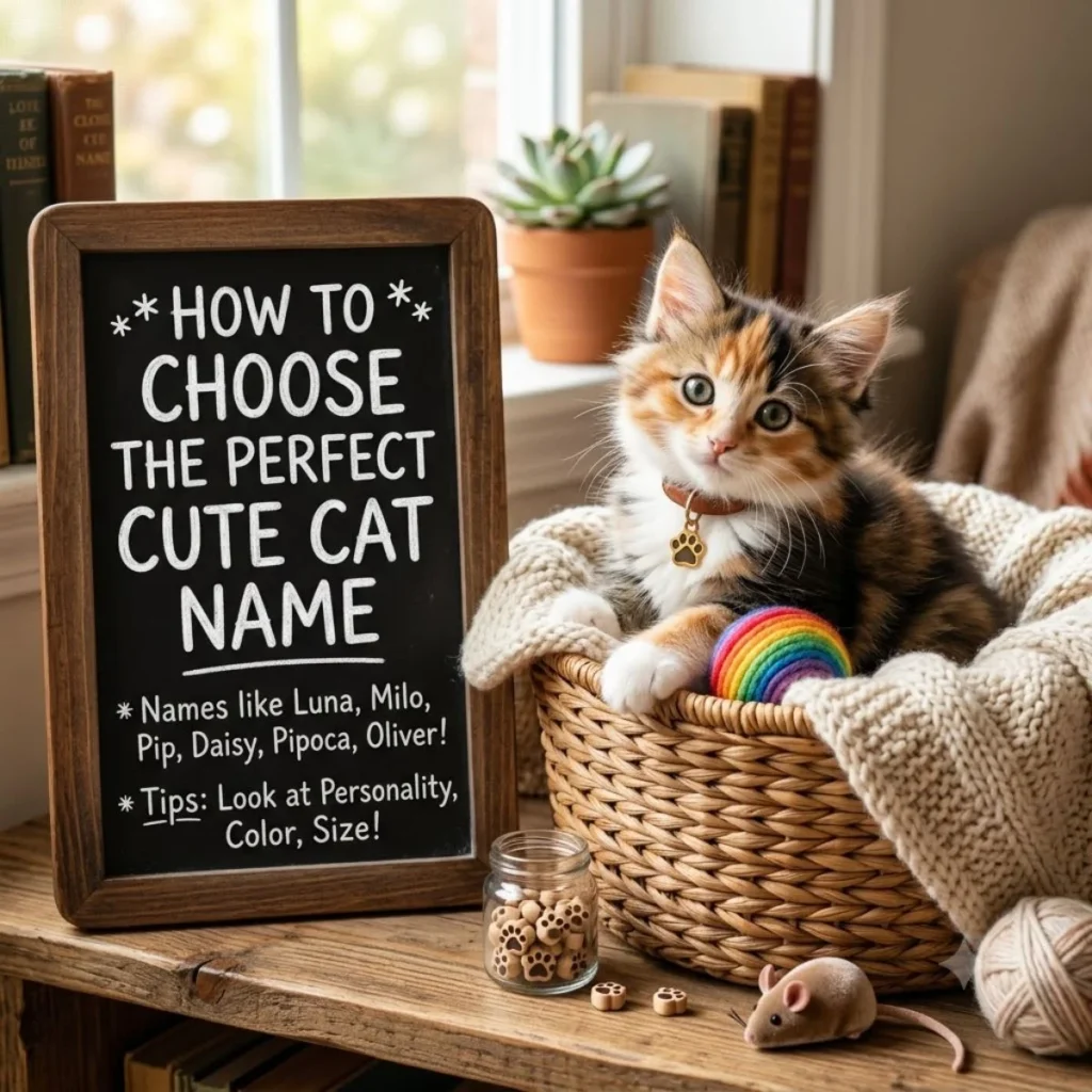 A calico kitten in a basket next to a chalkboard with tips on how to choose the perfect cute cat name.