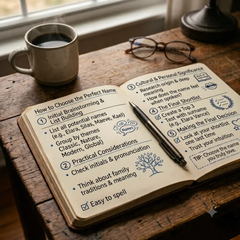 An open notebook outlining a five step guide on how to choose the perfect name on a rustic table with coffee.