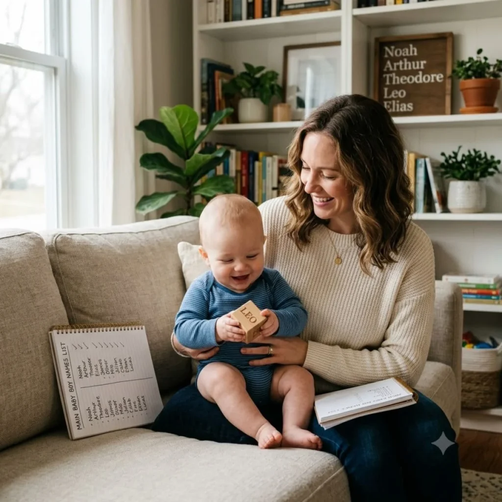 A mother smiles at her baby boy holding a Leo wooden block next to a main baby boy names list notebook.
