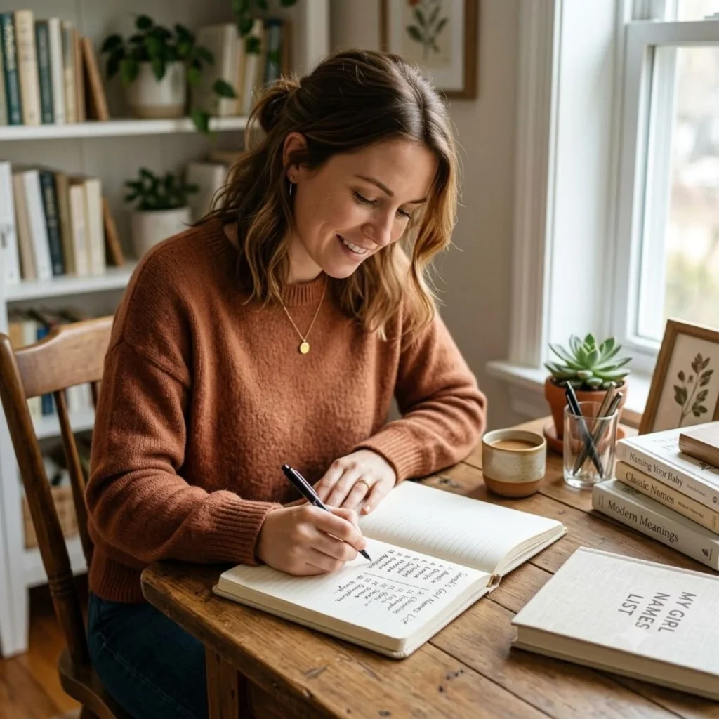 A smiling woman writes in a notebook at a wooden desk filled with baby naming books and a coffee mug by a window.