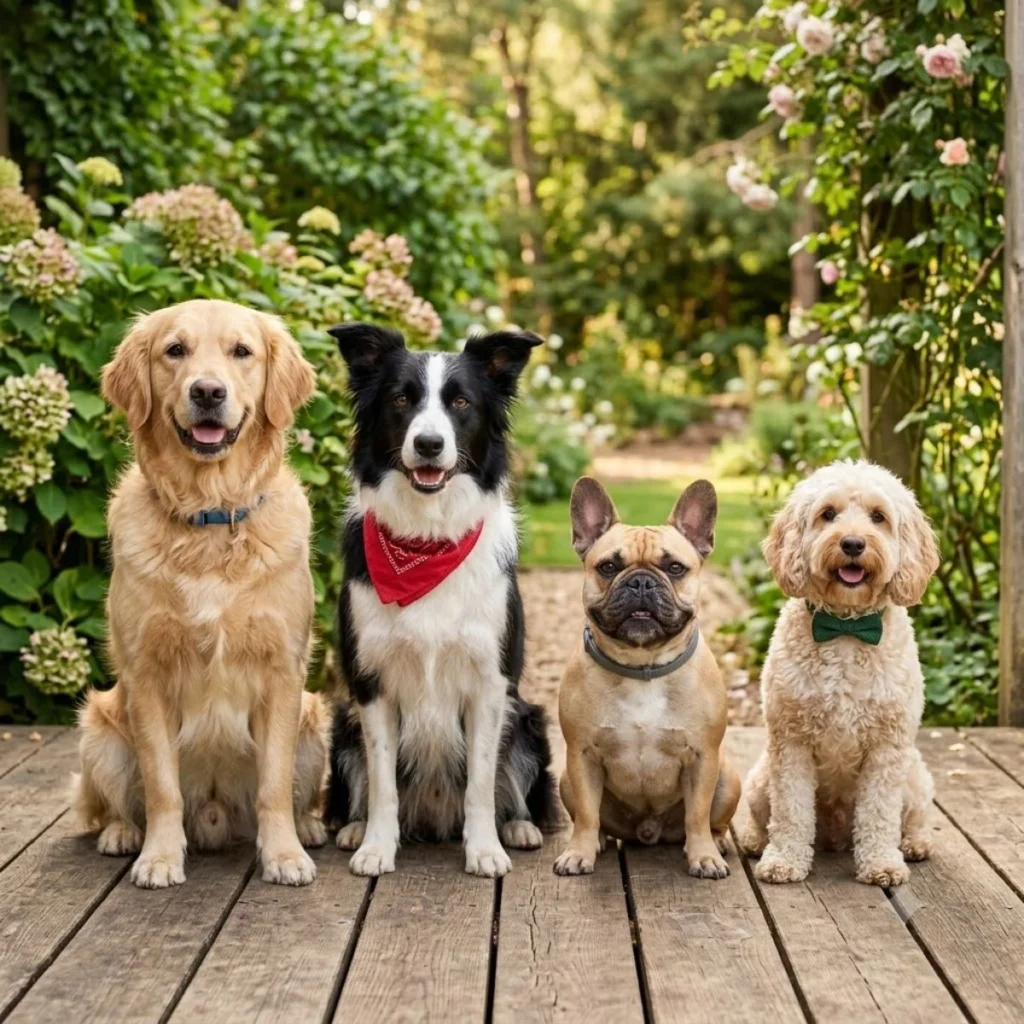 Four different dog breeds sitting together on a wooden deck in a garden looking at the camera.