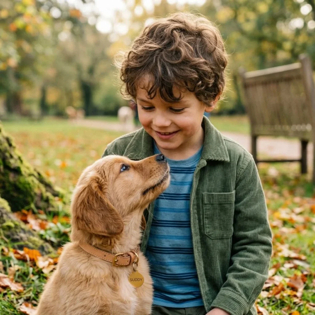 A young curly-haired boy smiling warmly at his golden puppy wearing a collar tag that reads SUDDY in a park.