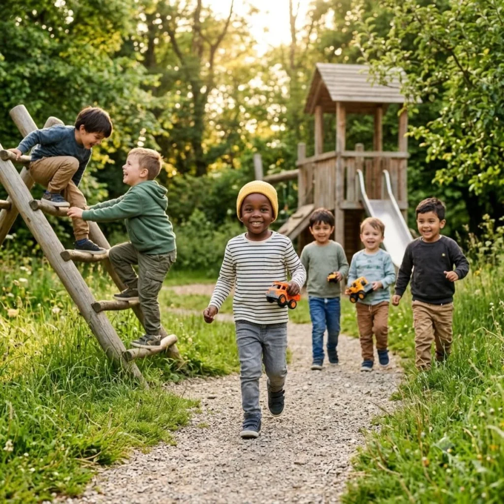 A happy group of young boys playing with toy trucks on a sunny playground path