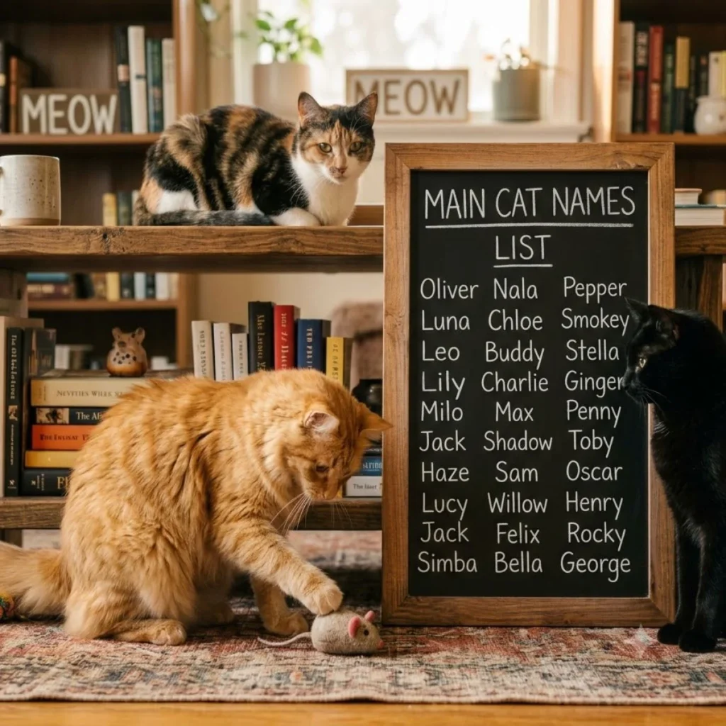 Three cats sit by a chalkboard displaying a list of popular cat names in a cozy home library setting.