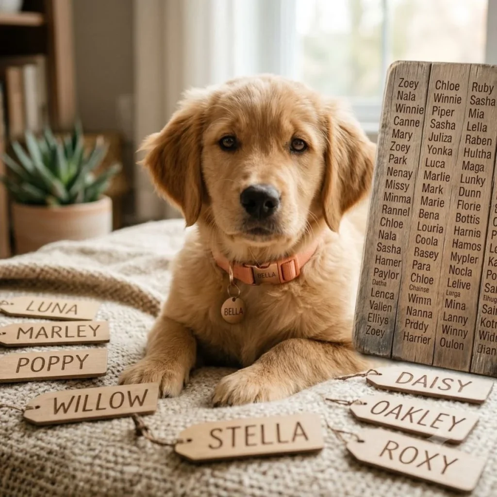 A cute golden retriever puppy sitting next to a wooden sign listing popular female dog names.