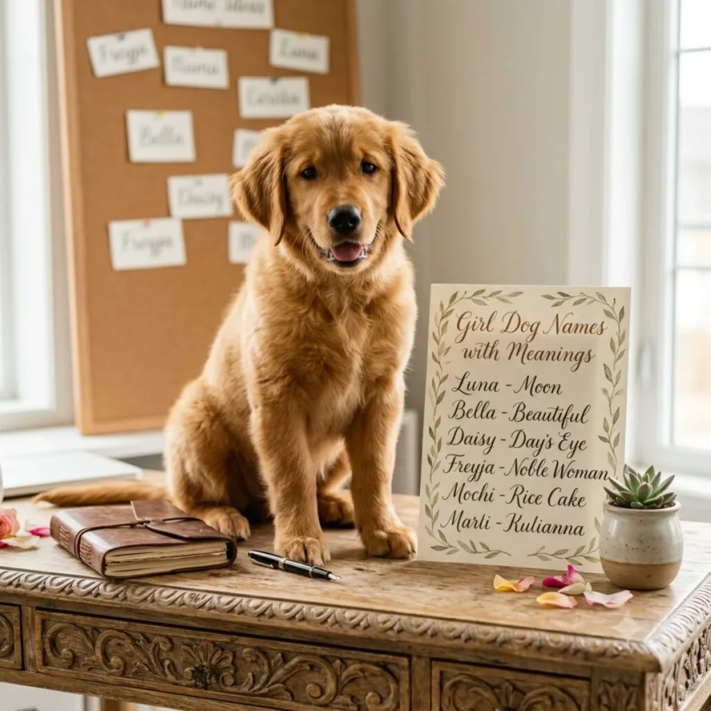 A golden retriever puppy sitting on a desk next to a printed list of girl dog names with meanings in a bright room.