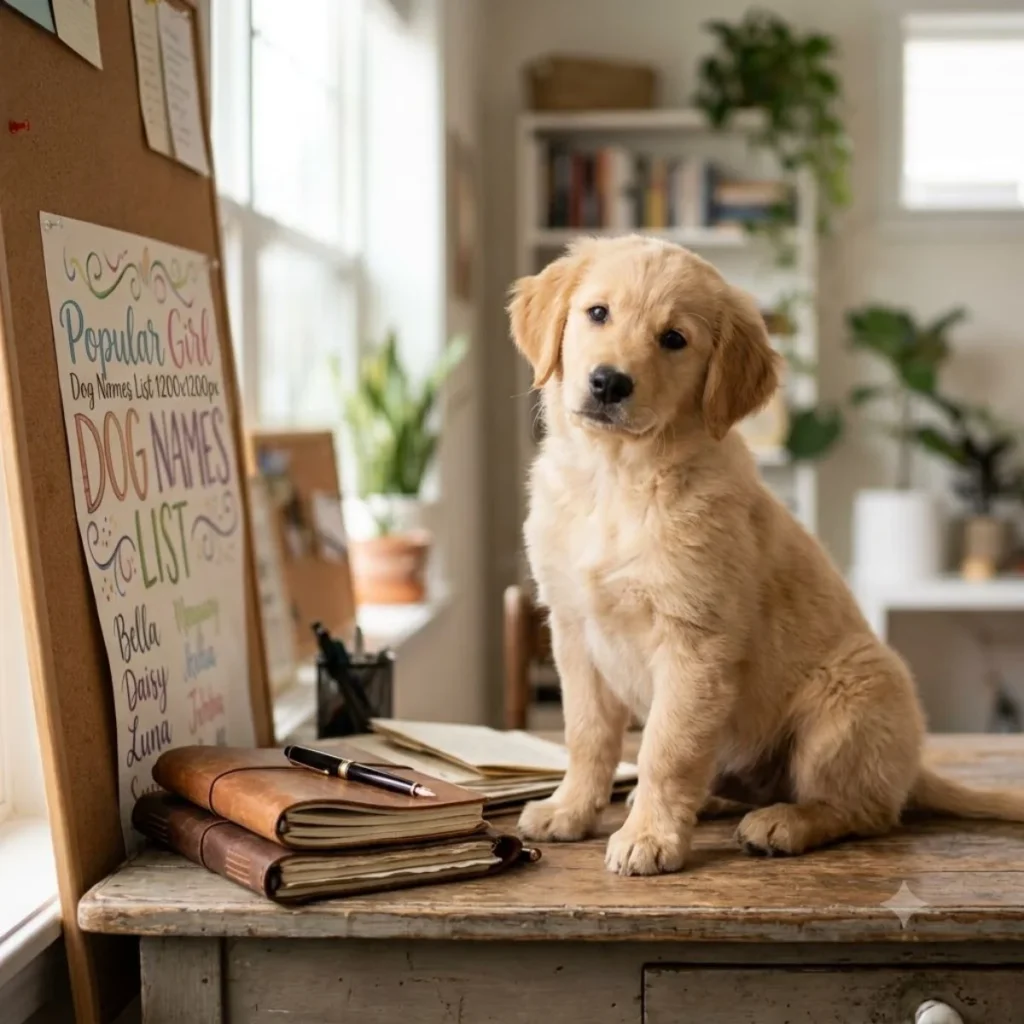 A golden retriever puppy sitting on a wooden desk next to a colorful list of girl dog names in a sunlit room.