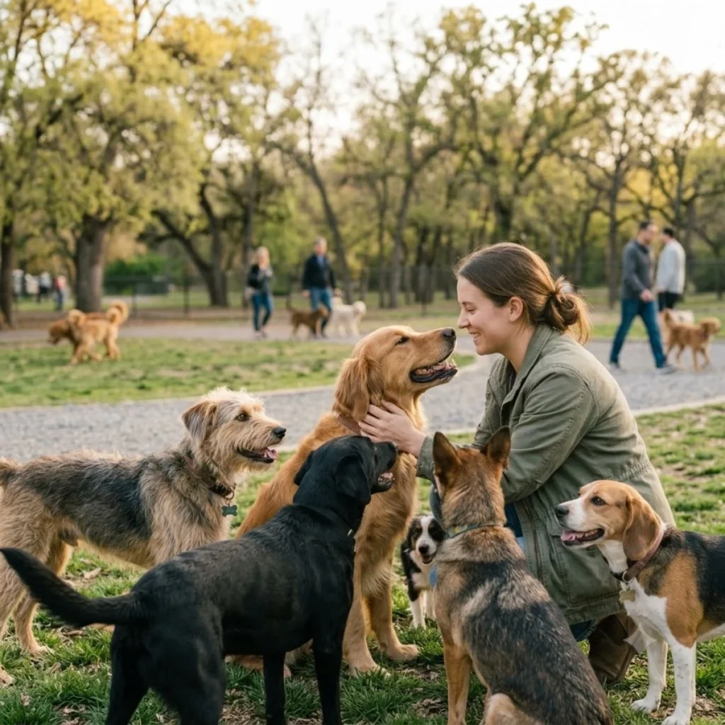 A smiling woman sits on the grass surrounded by a diverse group of happy dogs at a sunny outdoor dog park.