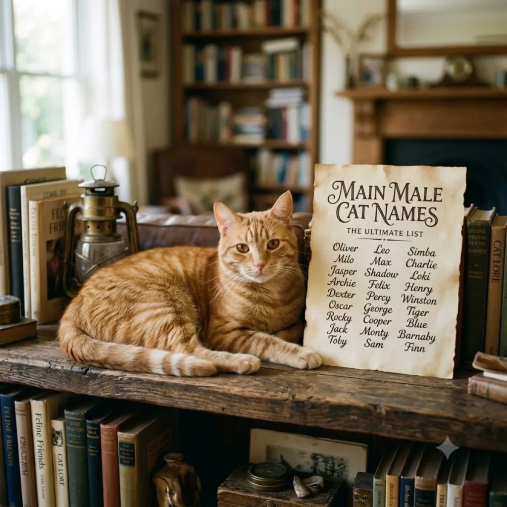 An orange tabby cat rests on a wooden bookshelf next to a printed list of male cat names.