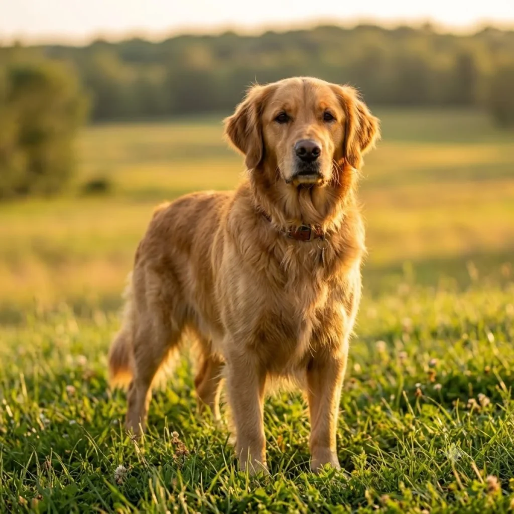 A beautiful golden retriever standing proudly in a vibrant green grass field during a warm golden hour sunset.