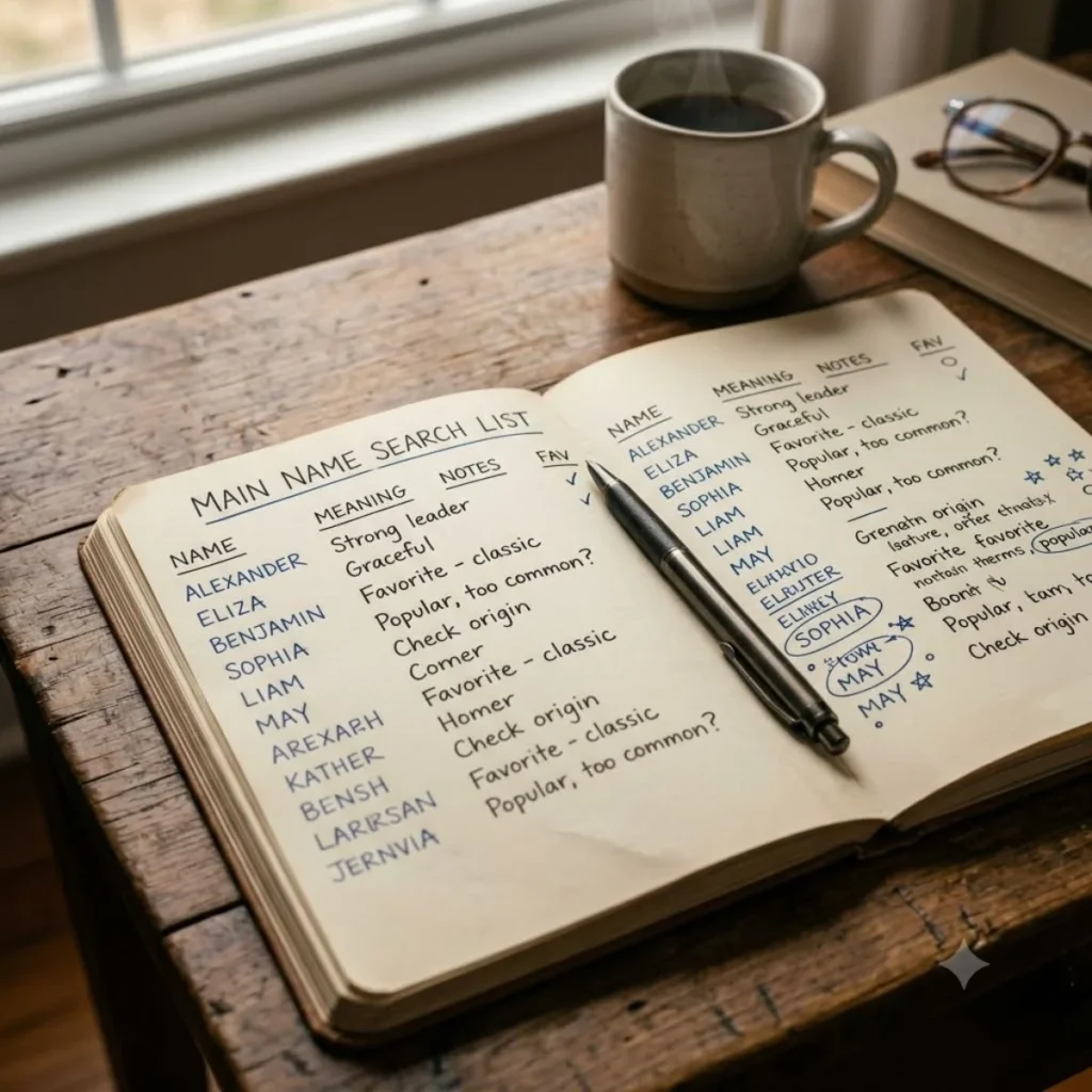 An open notebook on a wooden table displaying a handwritten list of names, meanings, and notes next to a coffee mug.