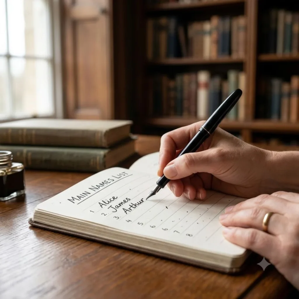 A hand writing a main names list with a fountain pen in an open notebook on a wooden desk.