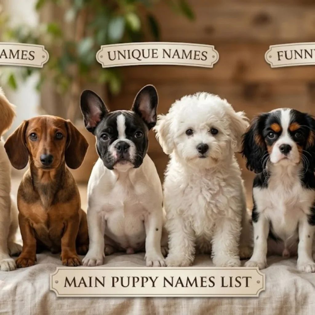 Six different puppy breeds sitting together in a row under labels for cute, unique, and funny dog names.