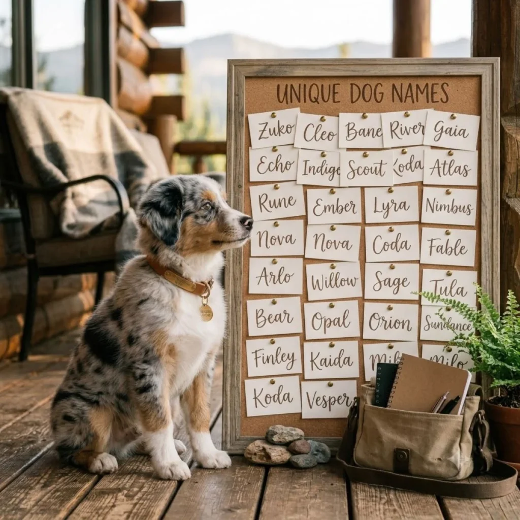 A blue merle puppy sitting next to a wooden bulletin board filled with unique dog name ideas on paper cards.