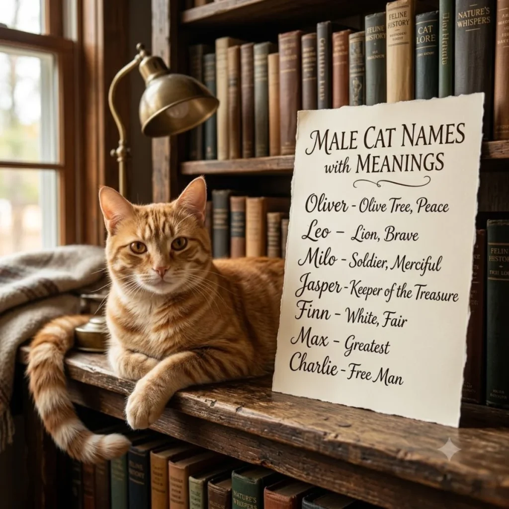 A ginger tabby cat sitting on a wooden library shelf next to a list of male cat names and meanings.