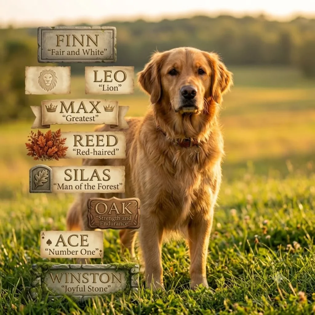 A golden retriever standing in a grassy field next to stylized banners displaying male dog names and meanings.