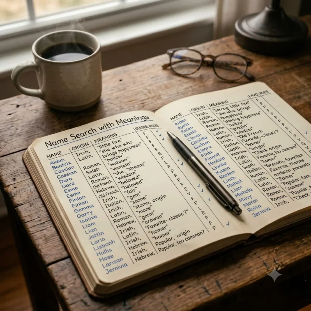 An open journal on a rustic table displaying a handwritten list of names, origins, meanings, and checkmarks.