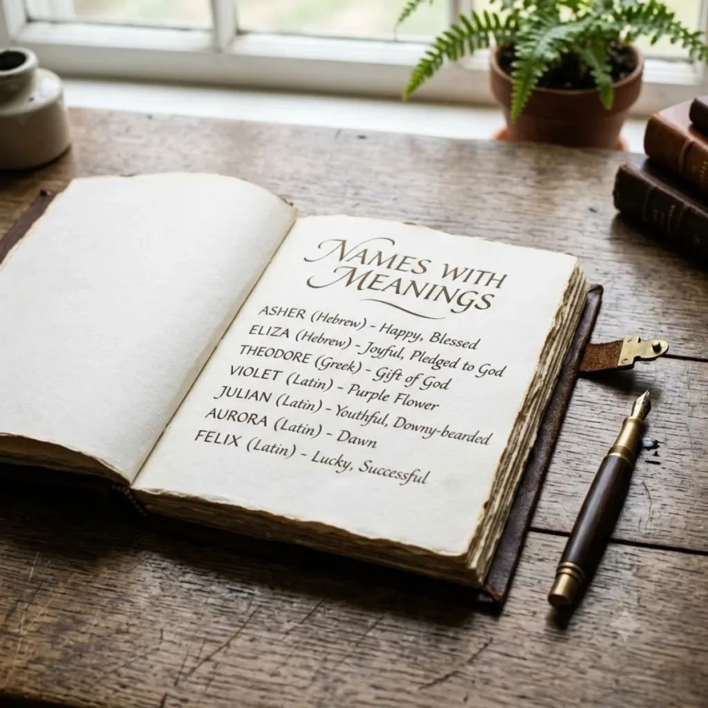 An open vintage journal displaying a handwritten list of names with meanings on a wooden desk.
