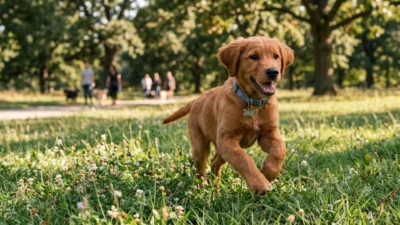 A golden retriever puppy happily running through a grassy park filled with wildflowers.