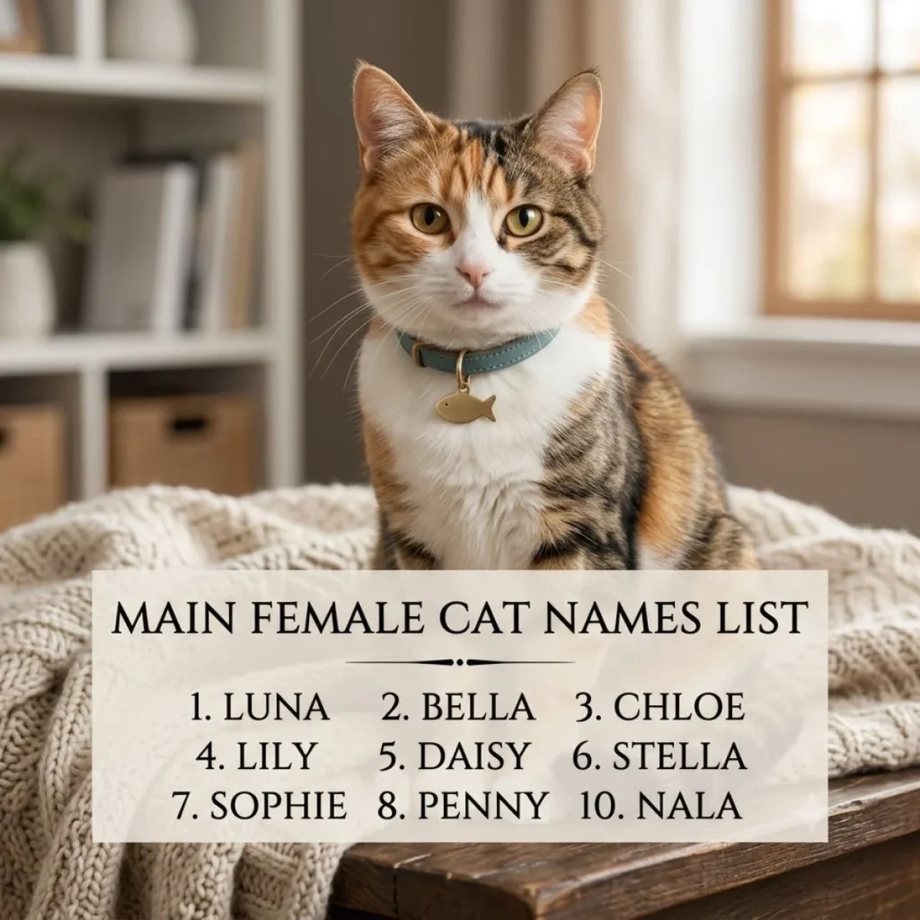 A calico cat wearing a blue collar with a fish tag sits behind a graphic showing a list of female cat names