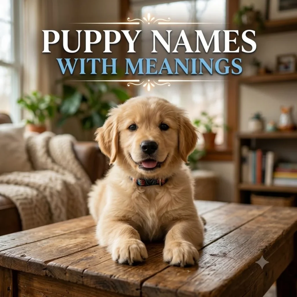 A happy golden retriever puppy resting on a rustic wooden coffee table with text overlay that reads puppy names with meanings.