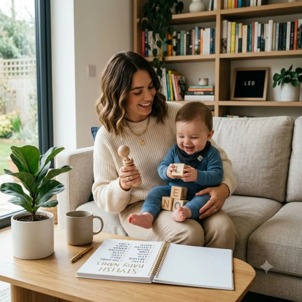 A mother smiles at her baby boy playing with blocks near a book titled Stylish Baby Names on a coffee table.