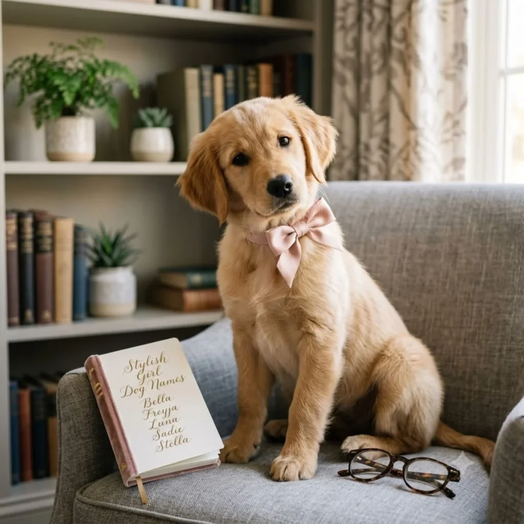 A golden retriever puppy wearing a pink bow tie sits in an armchair next to a book listing stylish girl dog names.