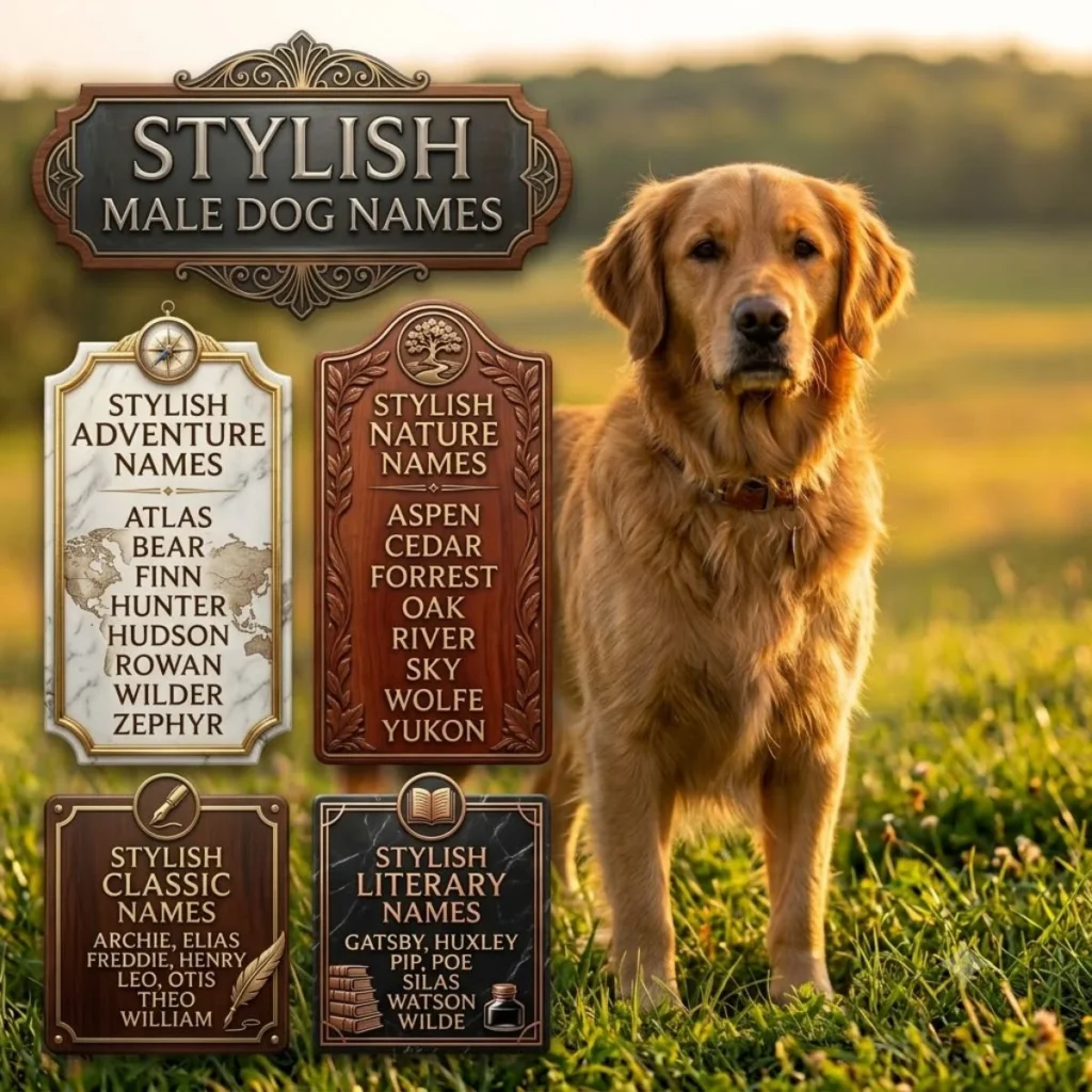 A golden retriever stands in a green field next to elegant wood and marble plaques listing stylish male dog names.