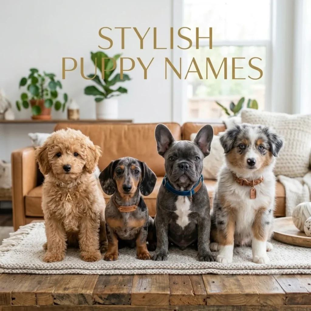 Four fashionable puppies wearing stylish collars sit together in a row beneath elegant golden text.
