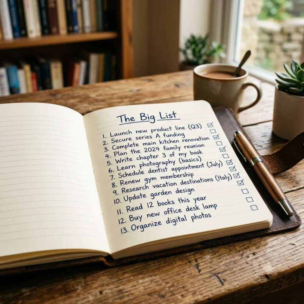 An open leather journal on a rustic wooden desk displaying a handwritten checklist titled The Big List next to a pen.