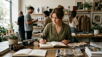 A woman writing in a notebook on a rustic table inside a boutique shop with a vintage camera.