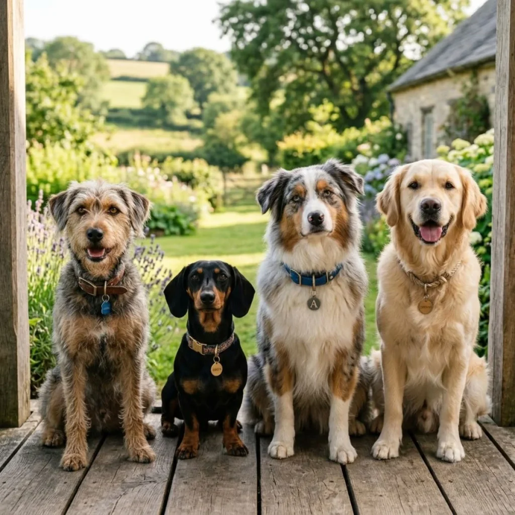 Four distinct dog breeds sitting together on a wooden porch looking directly forward against a rural backdrop.
