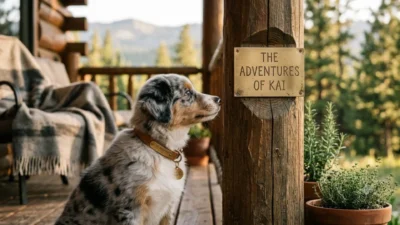 A rare blue merle Australian Shepherd puppy looking at a brass nameplate on a rustic log cabin porch.