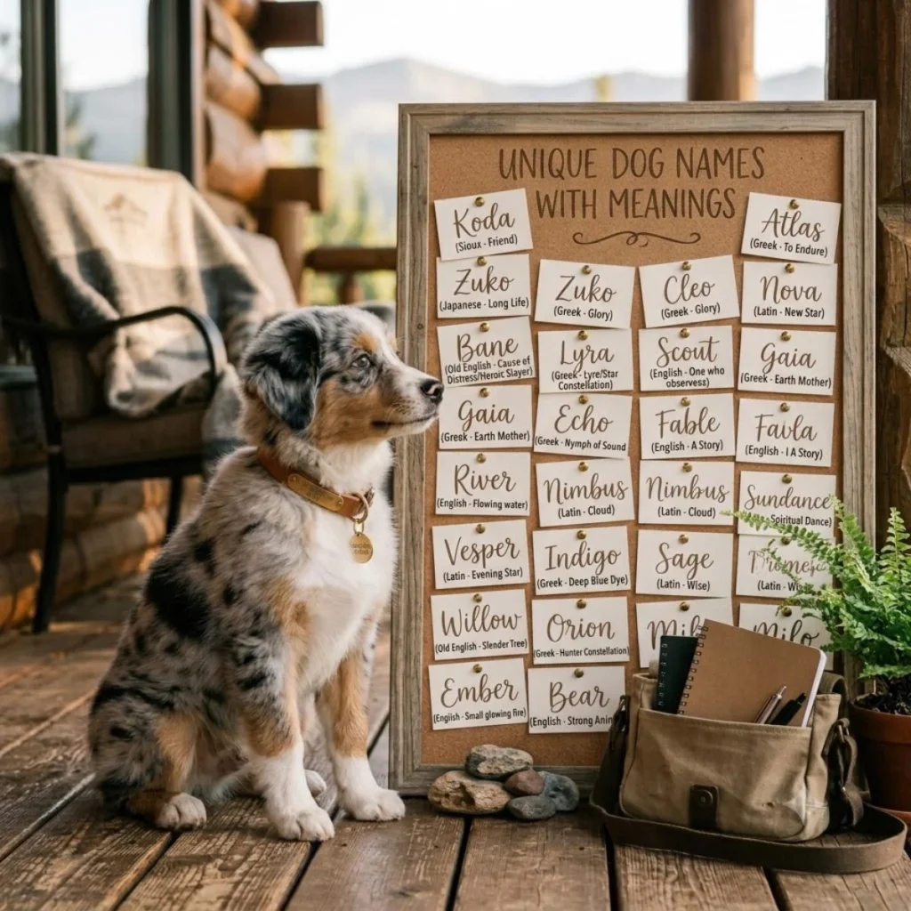 An Australian Shepherd puppy next to a board listing unique dog names with meanings like Koda and Atlas.