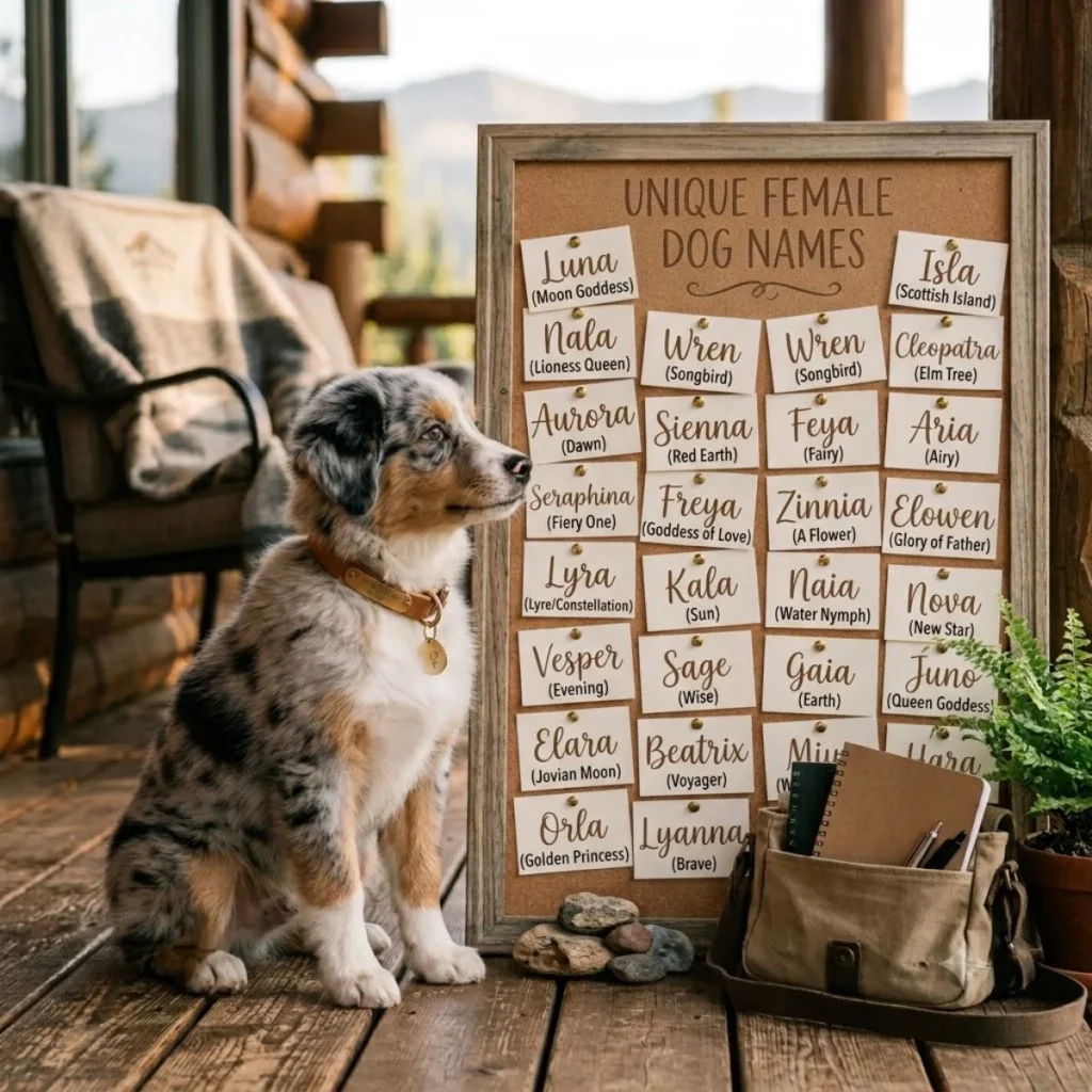 A blue merle puppy sitting next to a board listing unique female dog names and meanings like Luna and Isla.