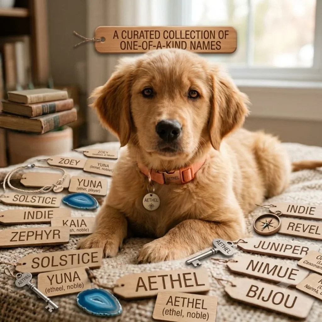 A golden retriever puppy resting on a blanket surrounded by unique name tags like Solstice, Zephyr, and Aethel.