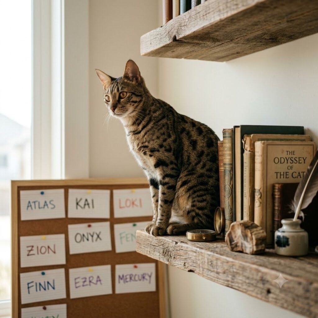 A spotted Bengal cat perched on a wooden shelf next to books and a corkboard with handwritten name cards.
