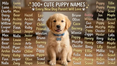 Cute golden retriever puppy sitting on hardwood floor surrounded by list of 300 plus cute puppy names for new dog owners