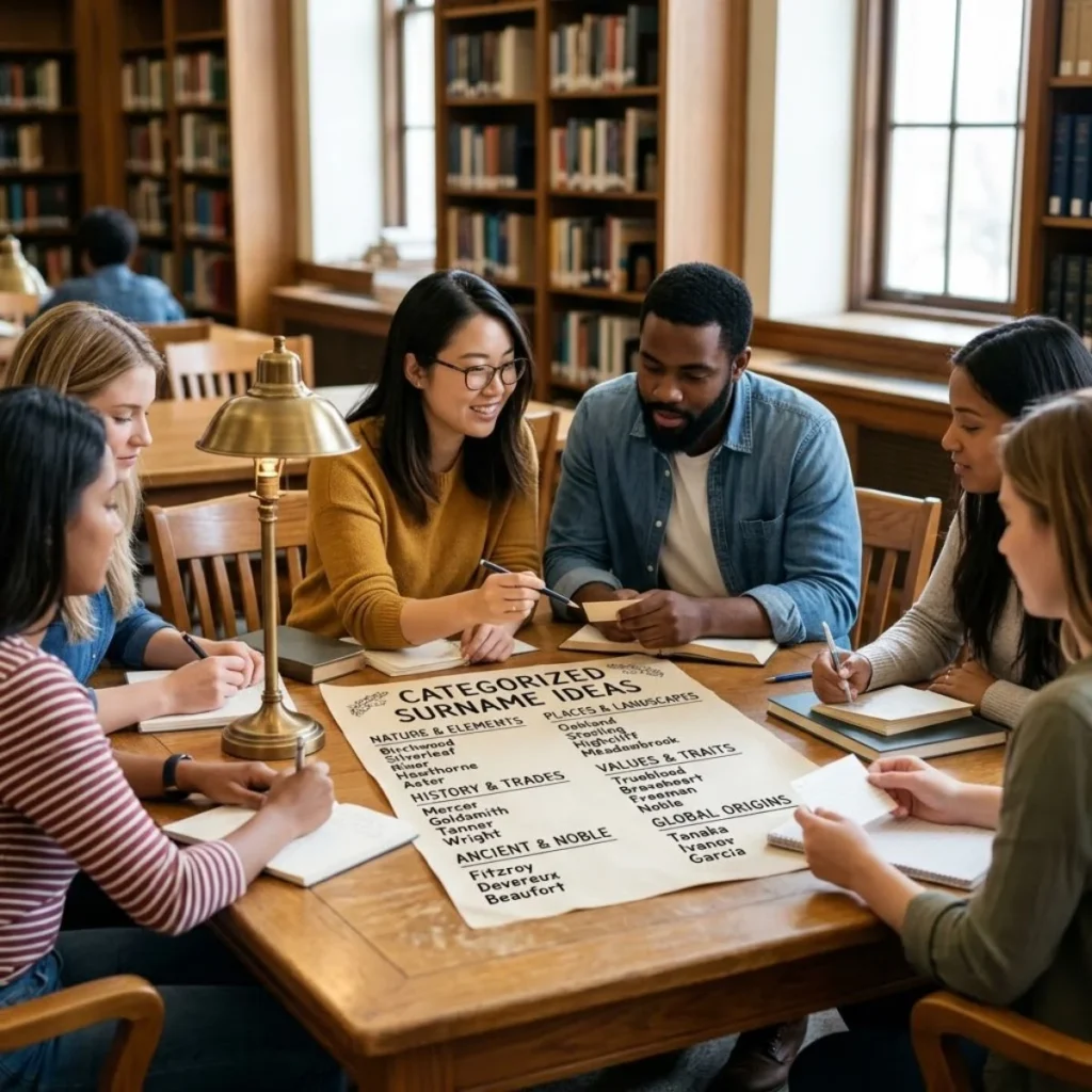 College students gathering around a categorized surname ideas chart in a traditional library