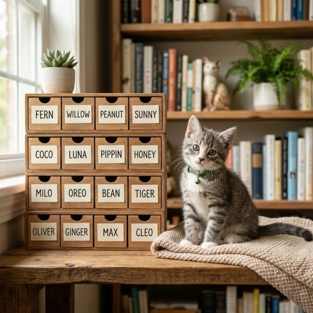 Small tabby kitten sitting near wooden drawers labeled with categorized names like Fern, Sunny, Coco, and Max