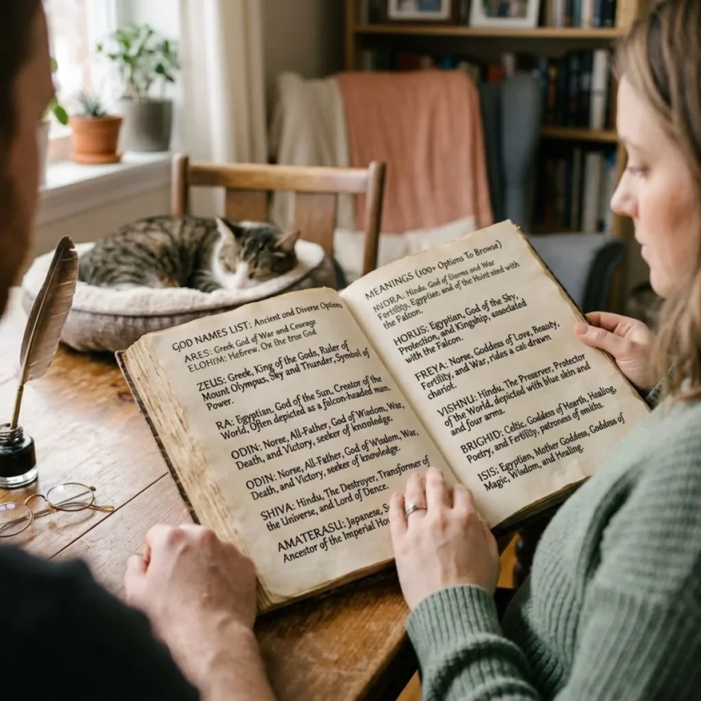 Couple browsing an open vintage book of god names and their meanings on a wooden table.